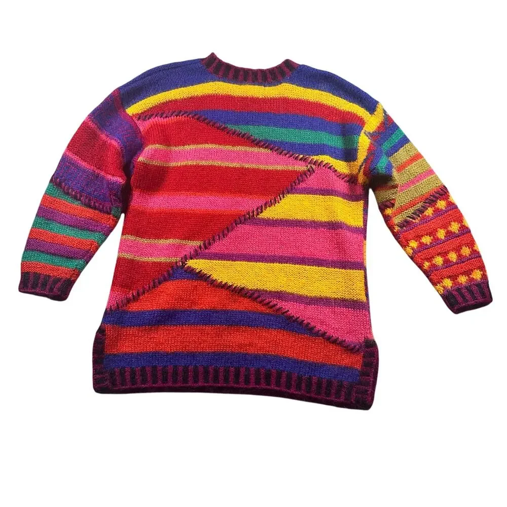 Kenji Hand Knit Sweater Vintage 80s Coogi Style Colorful Medium EUC